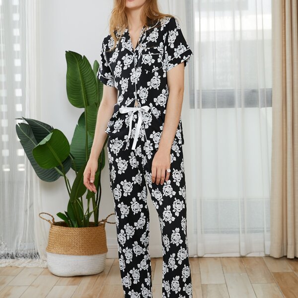 

Allover Floral Print PJ Set, Black and white