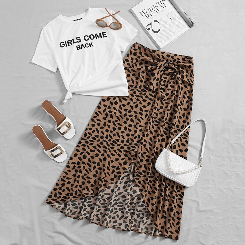

Letter Graphic Top & Tie Front Asymmetrical Hem Allover Print Skirt Set, Multicolor