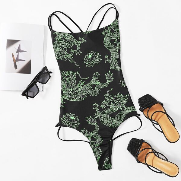 

Crisscross Backless Chinese Dragon Print Bodysuit, Black