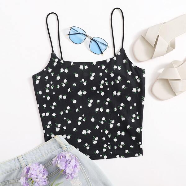 

Ditsy Floral Print Cami Top, Black