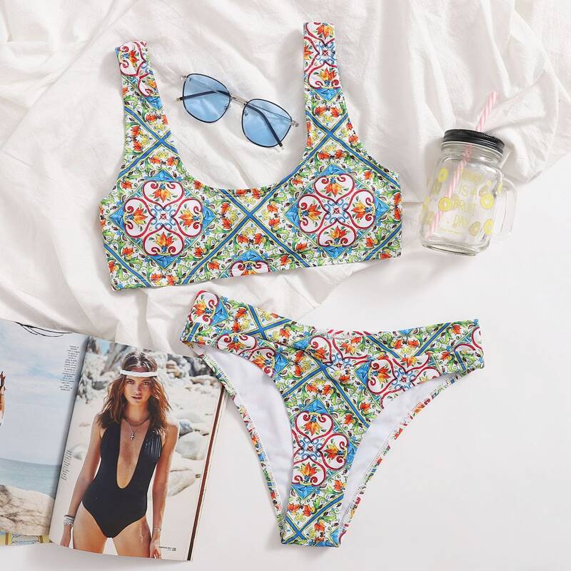 

Tribal & Floral Print Bikini Swimsuit, Multicolor