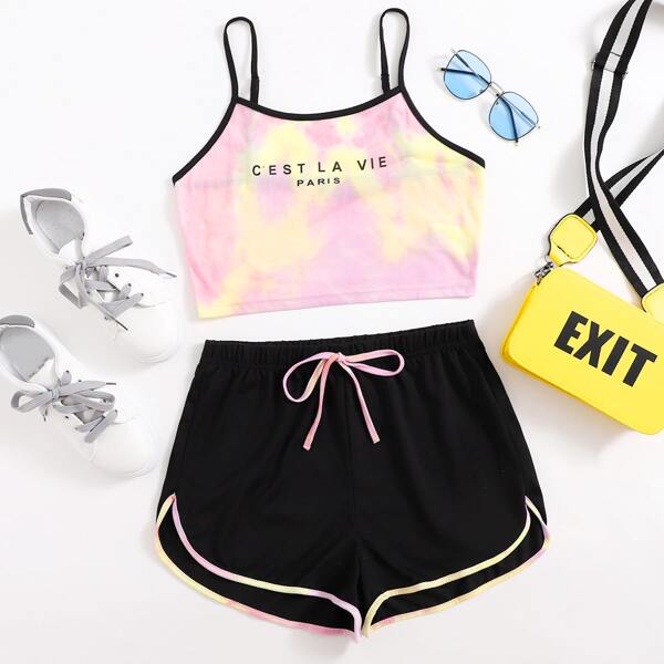

Slogan Graphic Tie Dye Cami Top & Dolphin Shorts Set, Multicolor