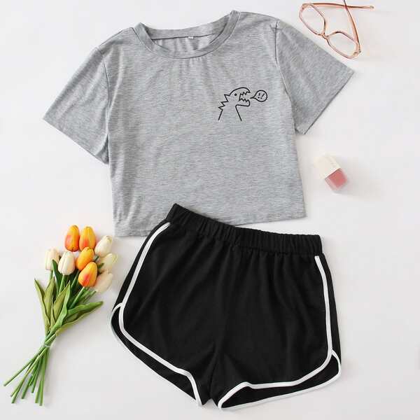 

Cartoon Graphic Tee & Contrast Binding Shorts PJ Set, Multicolor