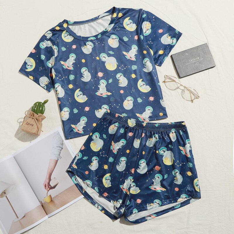 

Allover Cartoon Graphic PJ Set, Navy blue