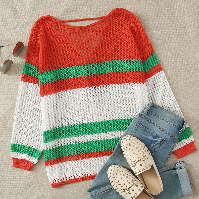 

Crisscross Tie Back Striped Pointelle Knit Sweater, Multicolor