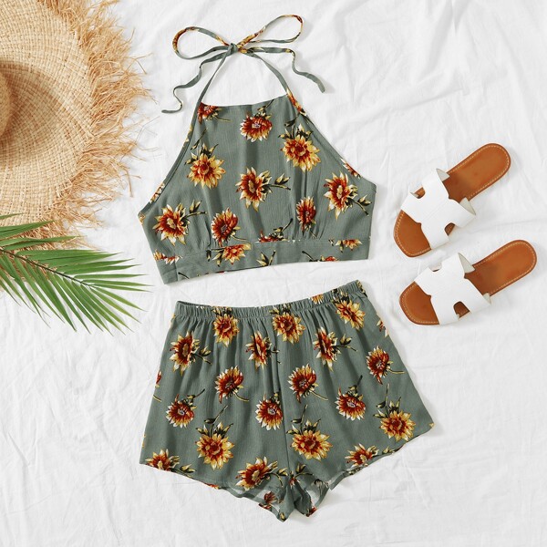 

Floral Print Tie Back Halter Top & Shorts Set, Dark green