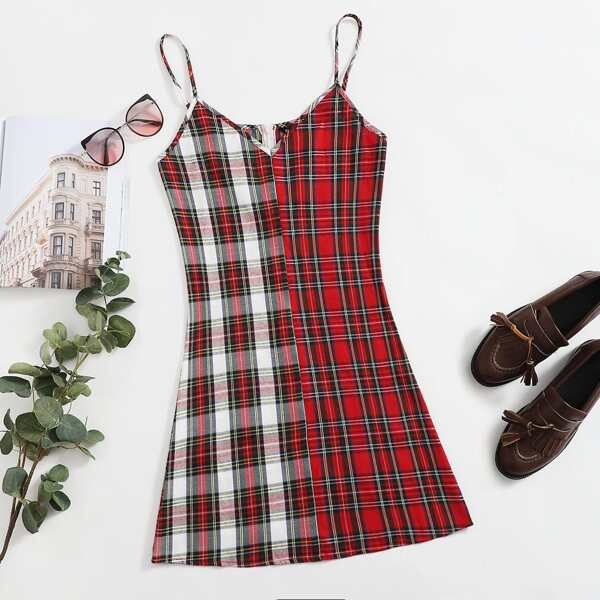 

Tartan Spliced Slip Dress, Multicolor