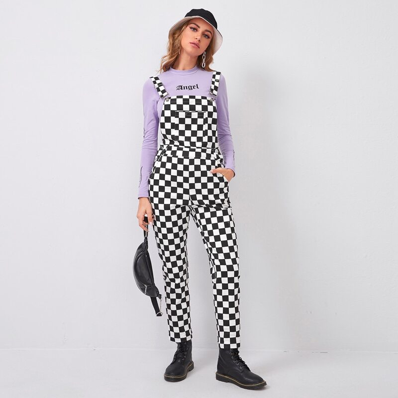 

Slant Pocket Checkered Pinafore Jumpsuit, Black and white
