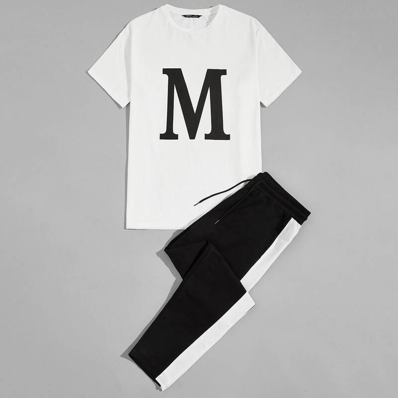 

Guys Letter Graphic Top & Contrast Side Joggers Set, Black and white