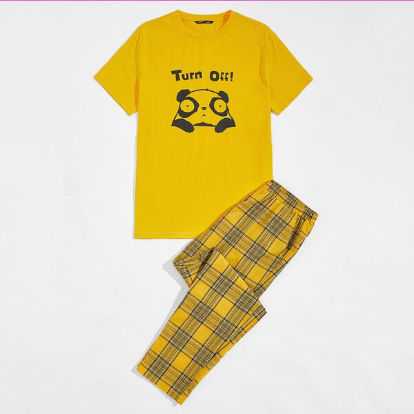 

Men Cartoon Graphic Tee & Tartan Pants PJ Set, Yellow bright