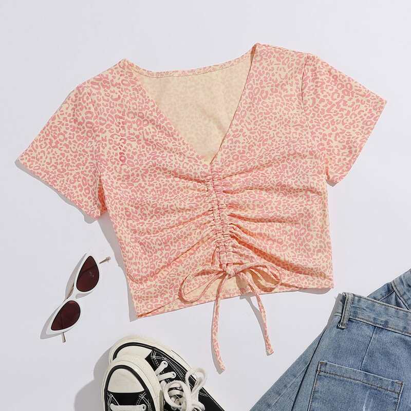 

Leopard Drawstring Front Crop Tee, Multicolor