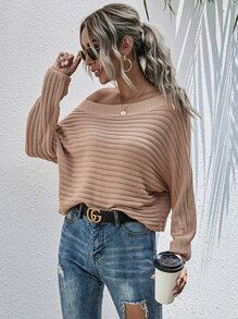 蝙蝠袖素色毛衣 - 杏色 - 查看 1