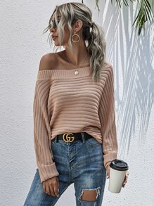 蝙蝠袖素色毛衣 - 杏色 - 查看 3