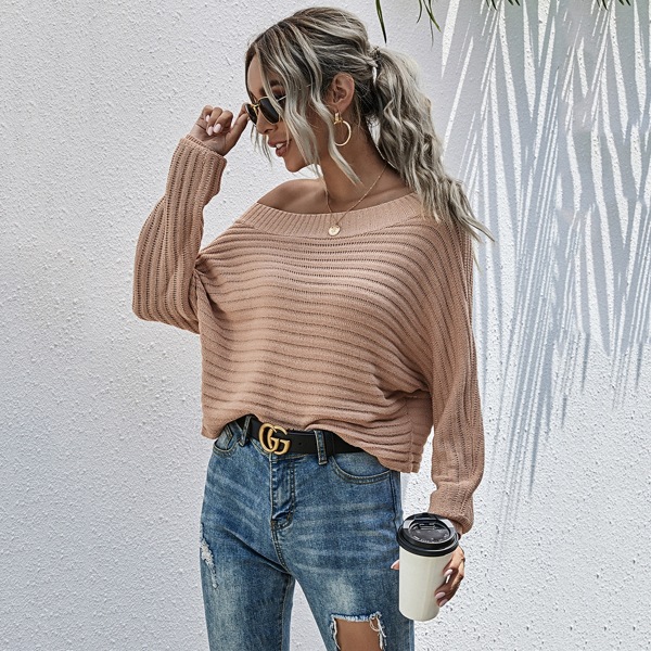 

Batwing Sleeve Solid Sweater, Apricot