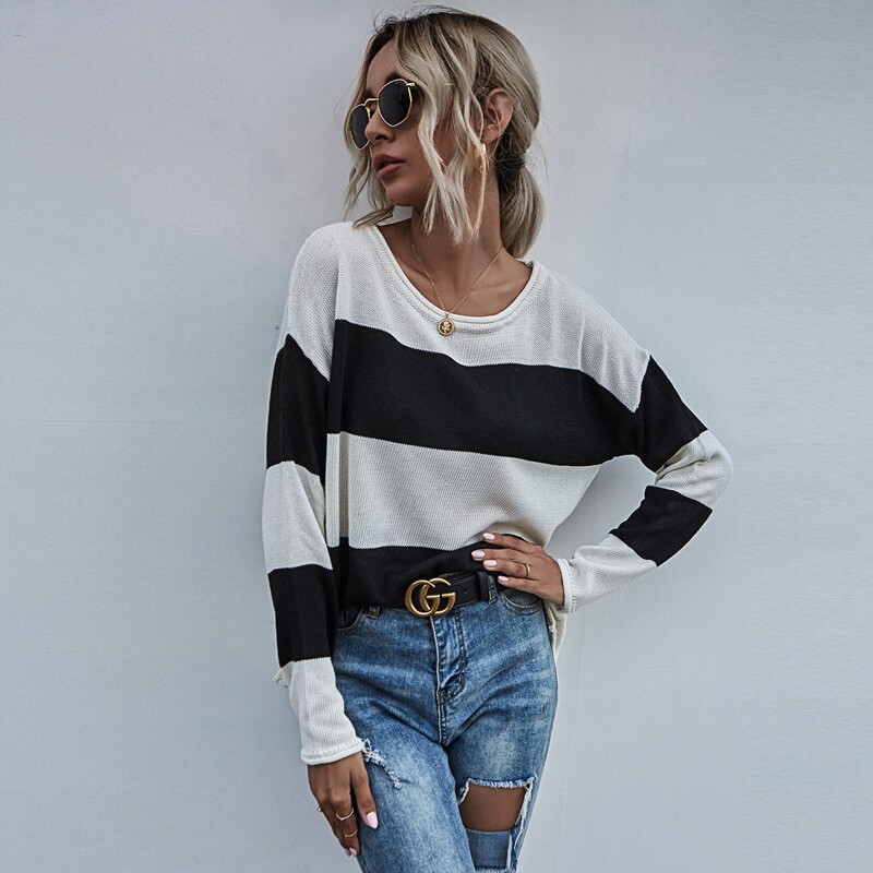 

Drop Shoulder Color Block Sweater, Black and white