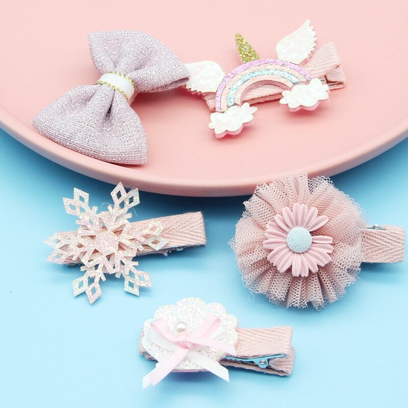 

5pcs Bow & Floral Decor Hair Clip, Baby pink