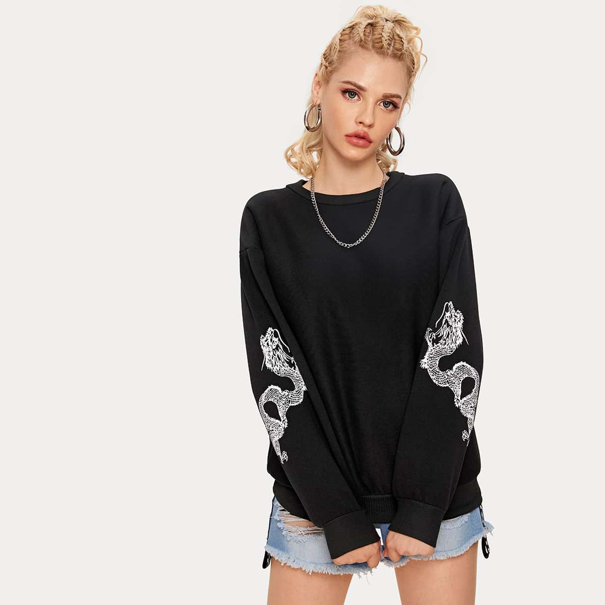 

Dragon Print Drop Shoulder Sweatshirt, Black