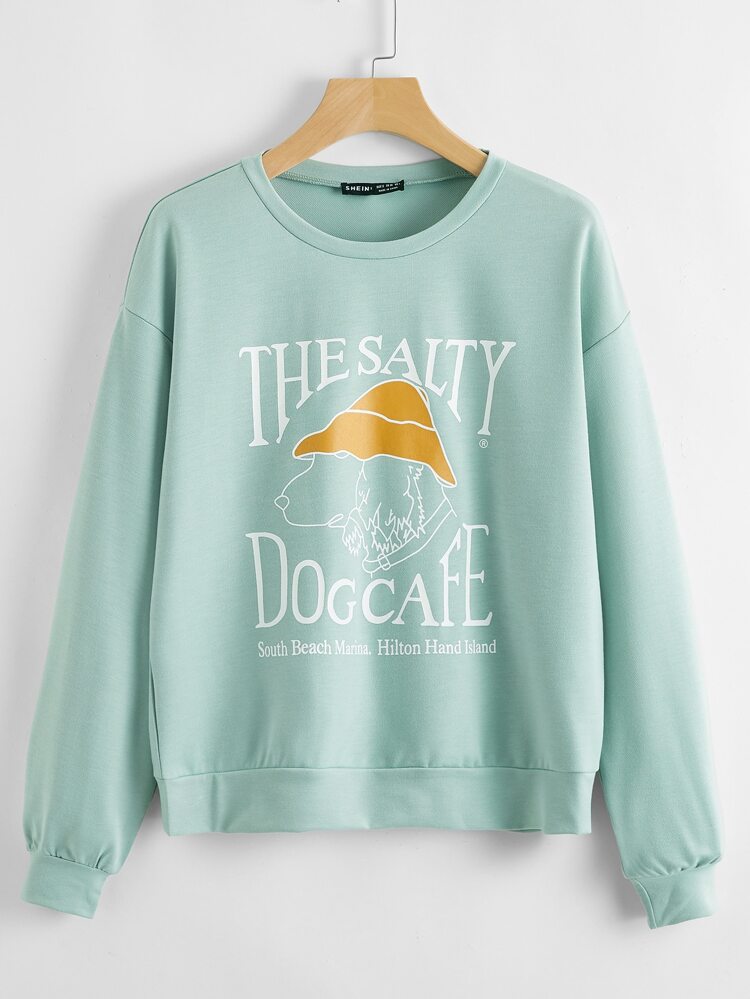 Drop Shoulder Slogan & Dog Print Sweatshirt