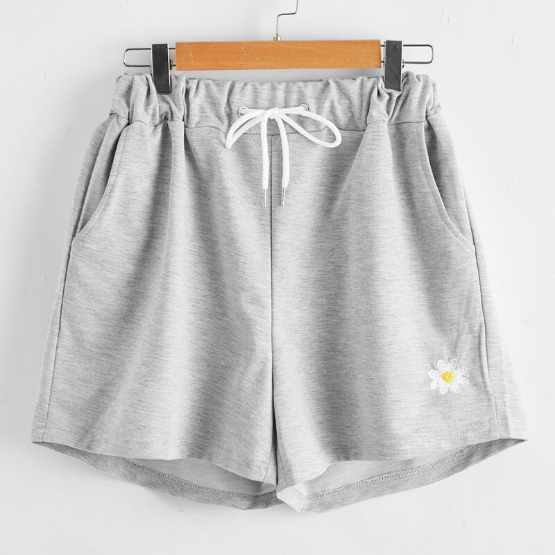

Daisy Embroidery Drawstring Shorts, Light grey