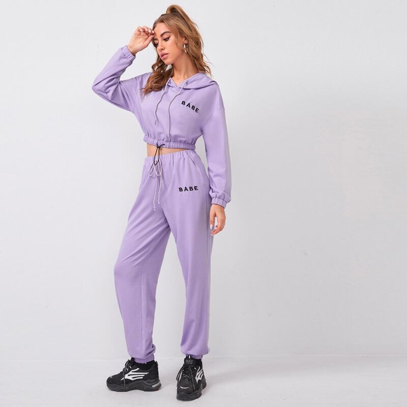 

Letter Embroidery Drawstring Hem Hoodie & Sweatpants Set, Lilac purple
