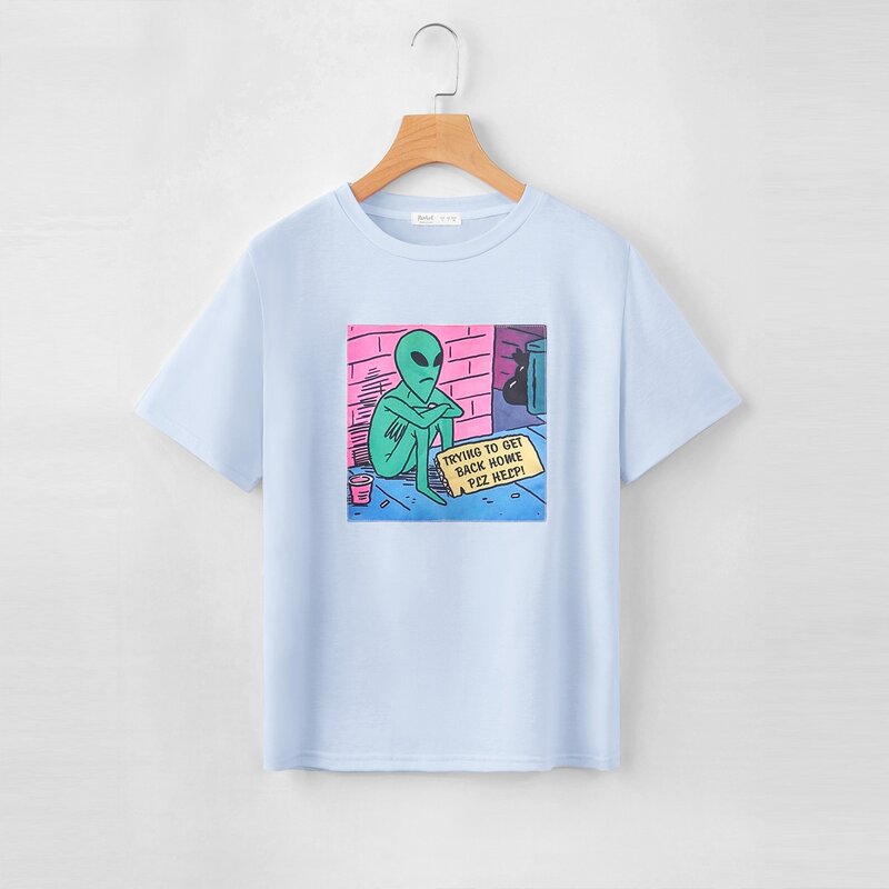 

Alien & Slogan Graphic Tee, Baby blue
