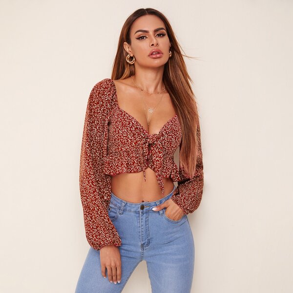 

Tie Front Ruffle Hem Ditsy Floral Top, Redwood