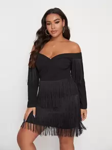 SHEIN Plus Off Shoulder Surplice Neck Layered Fringe Hem Dress - Black - View 1