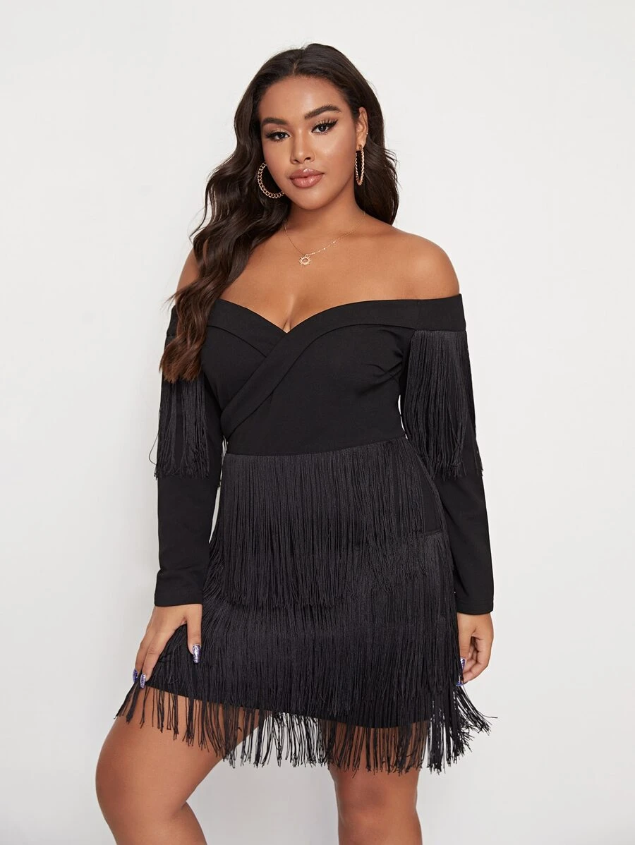 SHEIN Plus Off Shoulder Surplice Neck Layered Fringe Hem Dress - Black - View 1