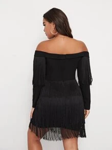 SHEIN Plus Off Shoulder Surplice Neck Layered Fringe Hem Dress - Black - View 2