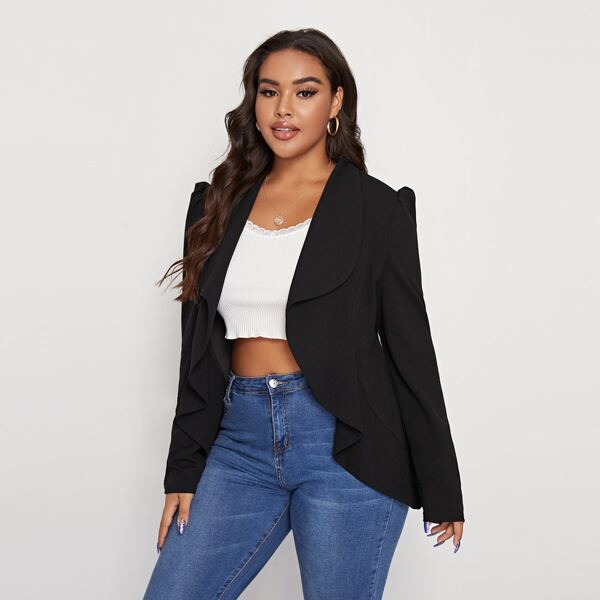 

Plus Shawl Collar Asymmetrical Hem Blazer, Black