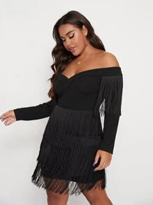 SHEIN Plus Off Shoulder Surplice Neck Layered Fringe Hem Dress - Black - View 4