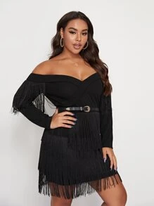 SHEIN Plus Off Shoulder Surplice Neck Layered Fringe Hem Dress - Black - View 5