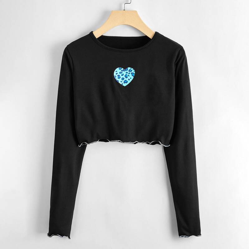 

Lettuce Trim Heart Print Crop Tee, Black