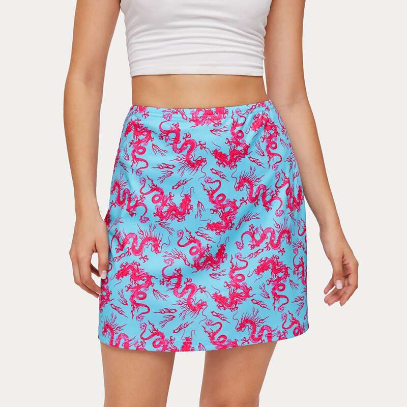 

Allover Dragon Print Skirt, Multicolor