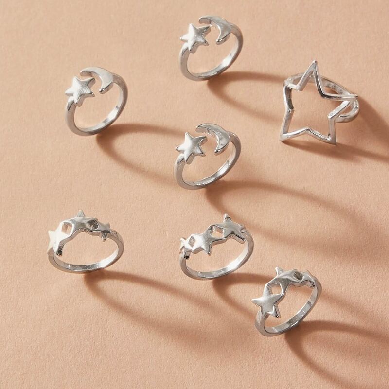 

7pcs Moon & Star Design Ring, Silver