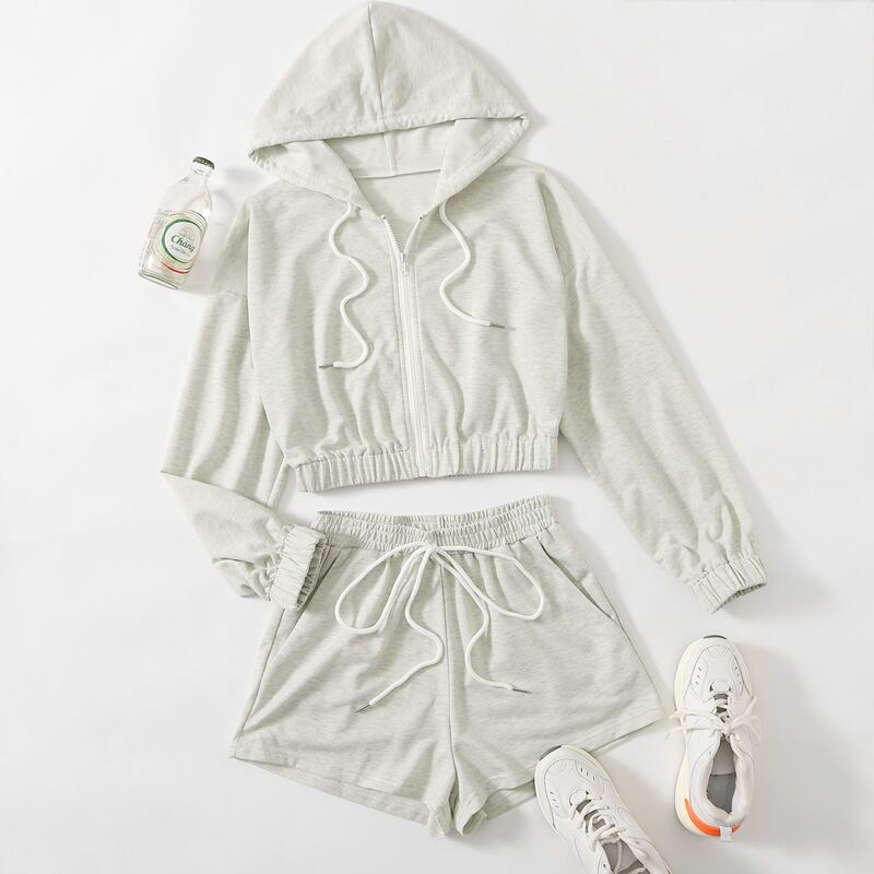 

Zipper Hoodie & Drawstring Short, Light grey
