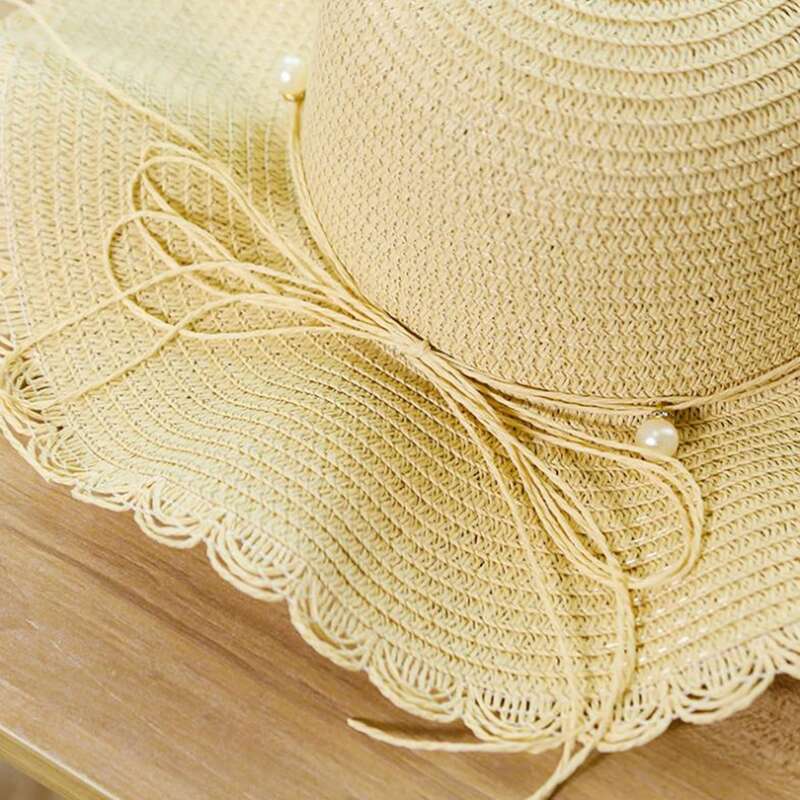 

Scallop Trim Straw Hat, Beige
