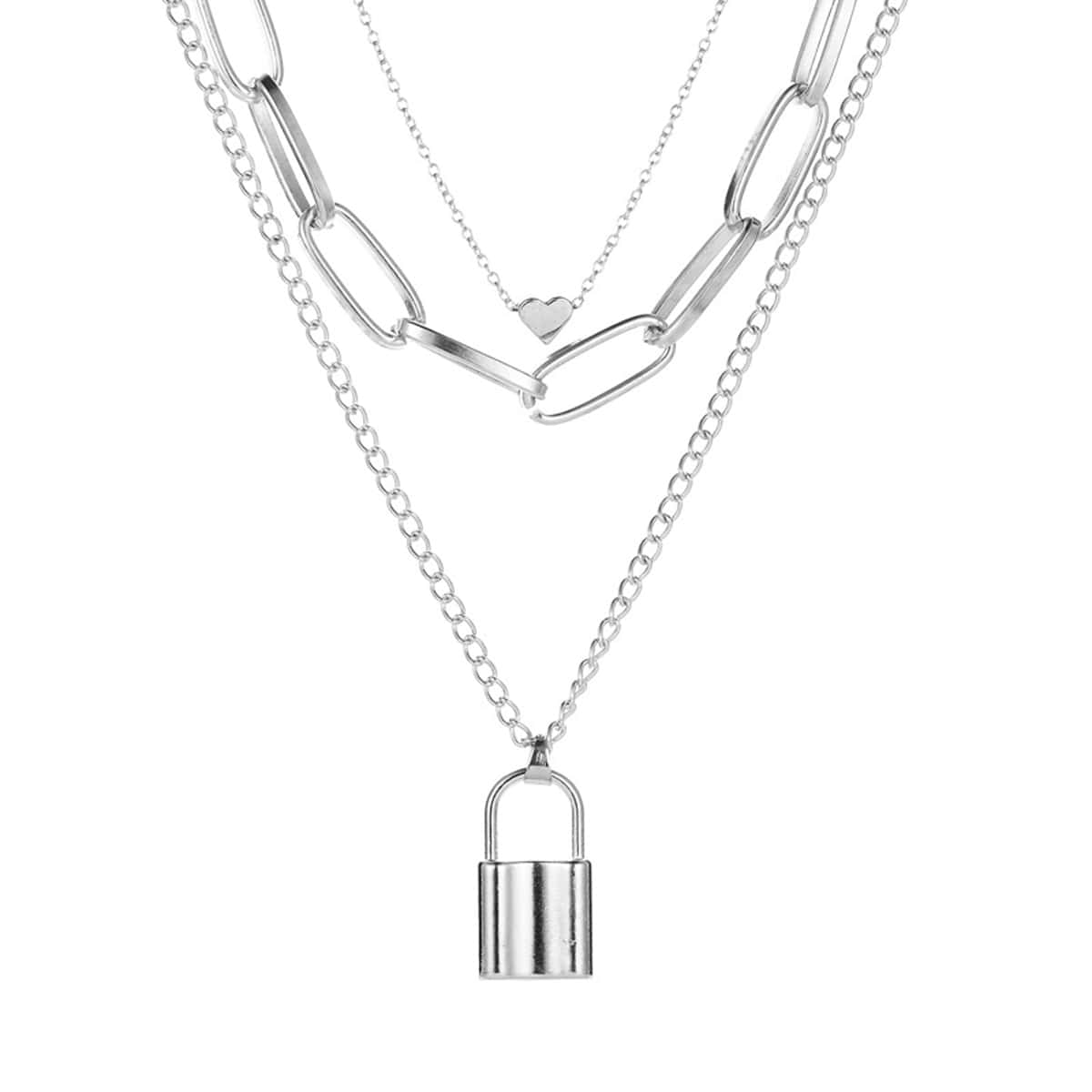 

Lock Pendant Layered Necklace, Silver
