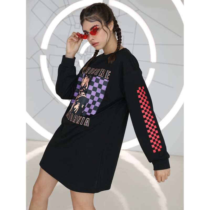 

Checkerboard & Letter Graphic Sweatshirt Dress, Black
