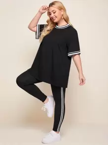 Mulvari Plus Raglan Sleeve Striped Trim Top & Leggings Set, Summer - Black - View 1