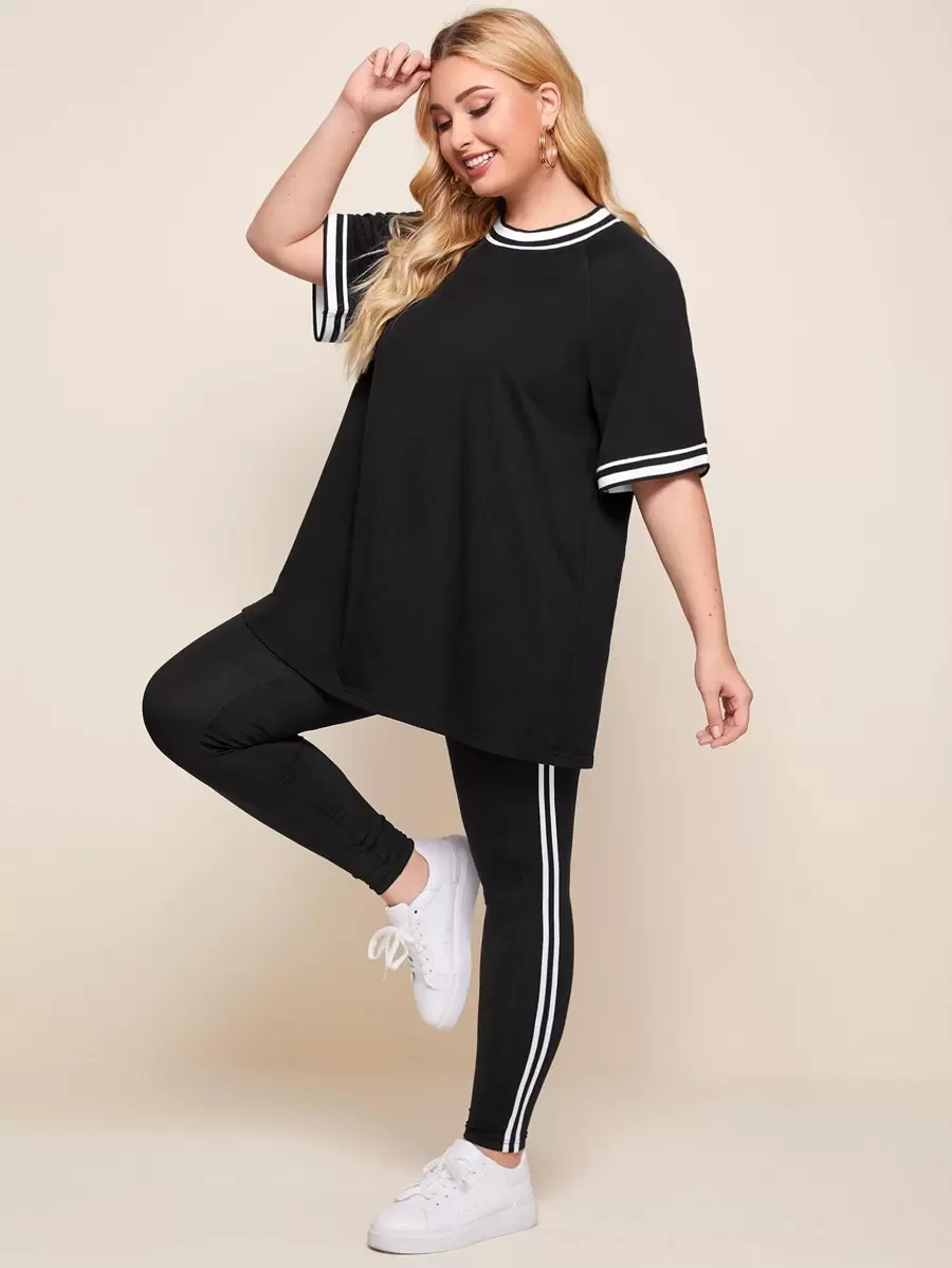 Mulvari Plus Raglan Sleeve Striped Trim Top & Leggings Set, Summer - Black - View 1