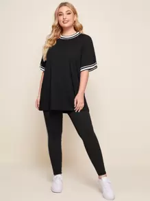 Mulvari Plus Raglan Sleeve Striped Trim Top & Leggings Set, Summer - Black - View 4