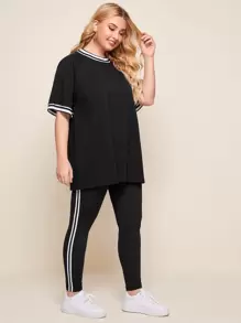Mulvari Plus Raglan Sleeve Striped Trim Top & Leggings Set, Summer - Black - View 3