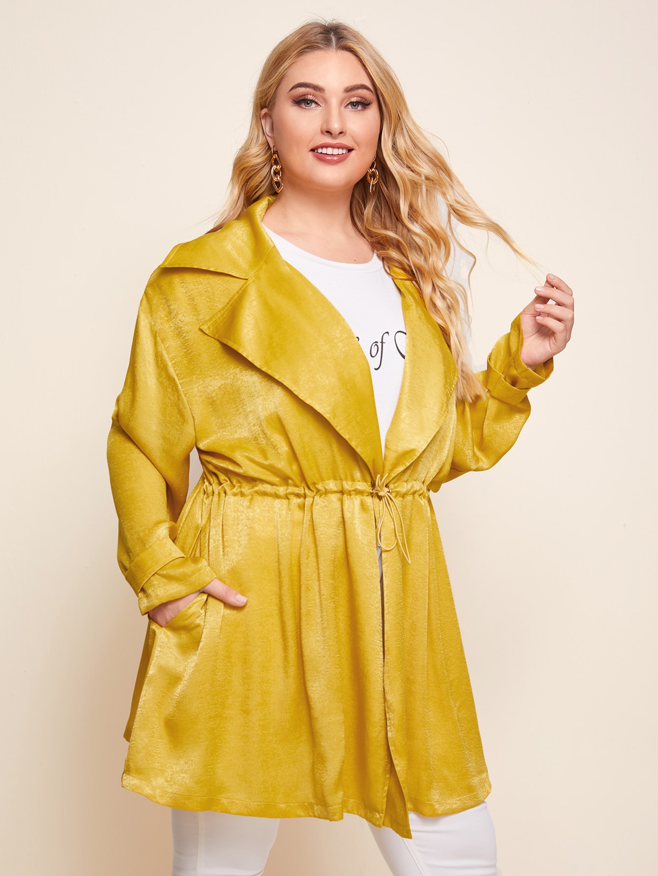 Plus Drawstring Waist Notched Collar Coat thumbnail