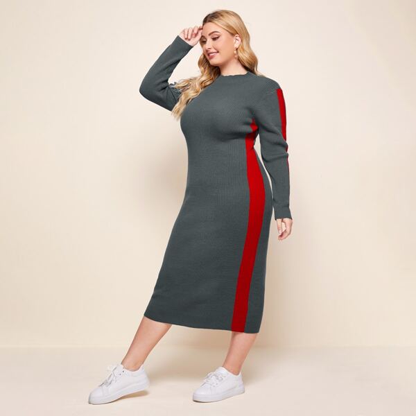 

Plus Contrast Sideseam Sweater Dress, Dark grey