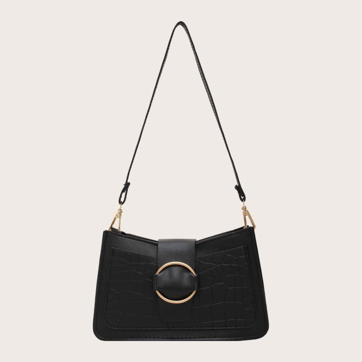 

Croc Embossed Buckle Baguette Bag, Black
