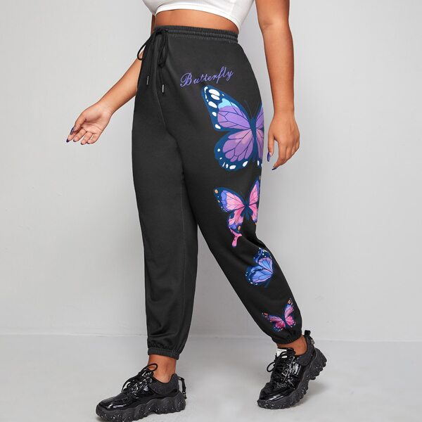 

Plus Drawstring Waist Letter and Butterfly Print Sweatpants, Black