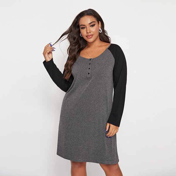 

Plus Buttoned Front Raglan Sleeve Nightdress, Dark grey