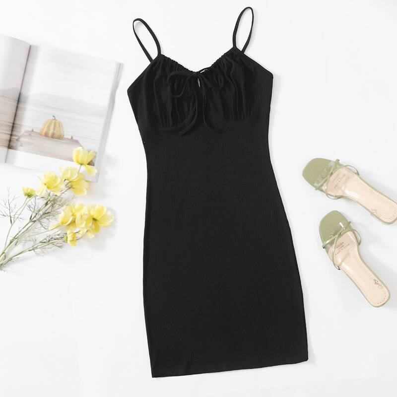 

Solid Ruched Bust Cami Dress, Black