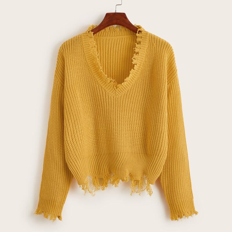 

Distressed Hem Rib-knit Sweater, Mustard yellow
